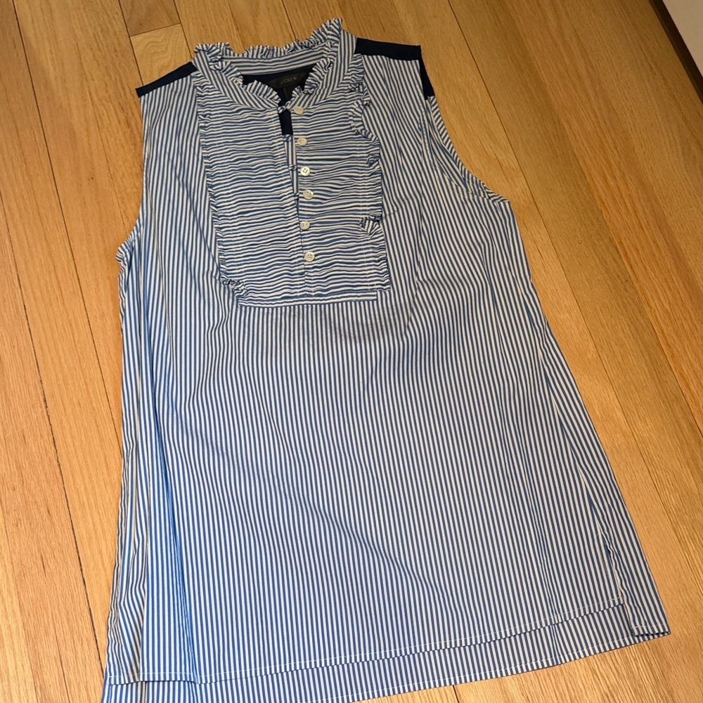 J. Crew Navy & White Striped Ruffle Neck Blouse